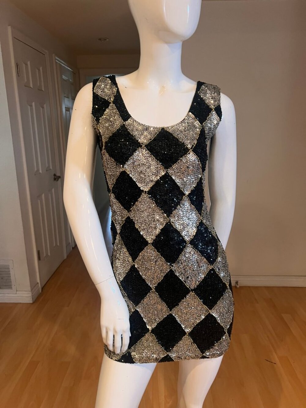 VINTAGE 80'S/90'S HARLEQUIN ARGYLE DIAMOND MOTIF SEQUIN MINI DRESS SZ S/M